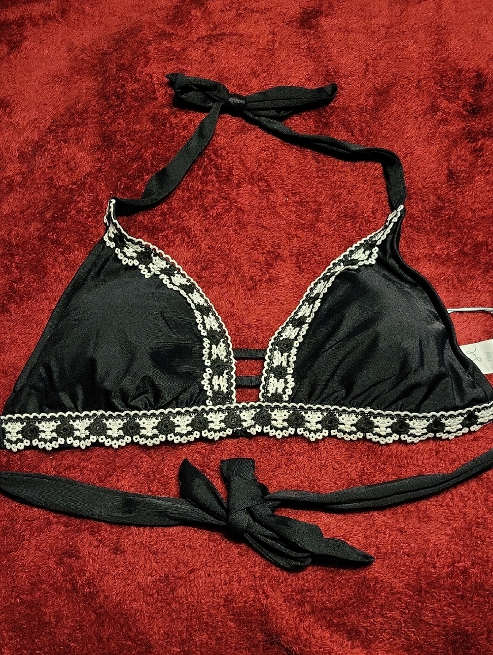 Kona Sol Black Bikini Top with White Crochet Halter Tie